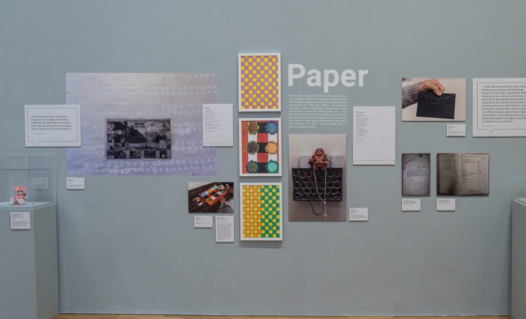 Prison Triptych, 2023, Produced in art class at HMP Liverpool. This set of three panels conveys the shifting realities of prison. There is a juxtaposition of rigidity of structure and organisation, with unpredictability of regime. The left panel represents the rigidity of form; the middle panel represents the layout of the prison, with the different character of the wings, and the constantly changing nature of life. The right panel again represents a new rigid form. The choice of complimentary colour, opposites on the colour wheel, represents the contrasting personalities that the artist might not otherwise have met outside the prison.