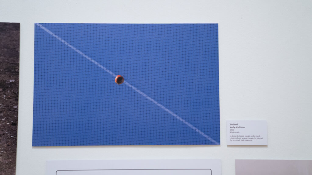 A discarded apple caught on the mesh over an exercise yard is 'pierced' by a jet stream, HMP Liverpool 2023