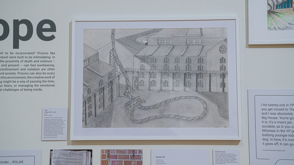 1961 2022 Pencil on paper Craig, HMP/YOI Lincoln "My piece of artwork was thought up whilst walking out on the exercise yard. I’ve pencil drawn, graphite on paper, E Wing and B Wing with the exercise yard in the middle, and then a hangman’s noose which represents the Victorian punishment, prison punishment. But it’s old meets new. It’s old versus modern. And I’ve tried to incorporate there that there is life at the end of the tunnel, it’s not all doom and gloom. It is doom and gloom, but if you can see the light at the end of the tunnel, it’s not all doom and gloom." (interview with Craig, 2022)