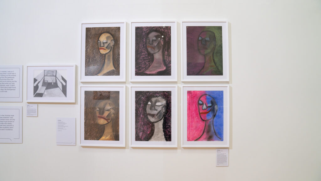 These six pastel drawings are representations of surreal and abstract expressionism. The top three drawings may be surreal however more similar to a real portrait as the facial features are in the correct places, these three faces show a sad and lost expression however this is only what people would see at first sight, but the bottom three show portraits that are expressions that are not shown and are purely in the mind and these feelings may feel or seem distressed or confusing but extremely intense to the point it may corrupt cognitive thinking. [Note written by Tyler with support from prison art tutor.]